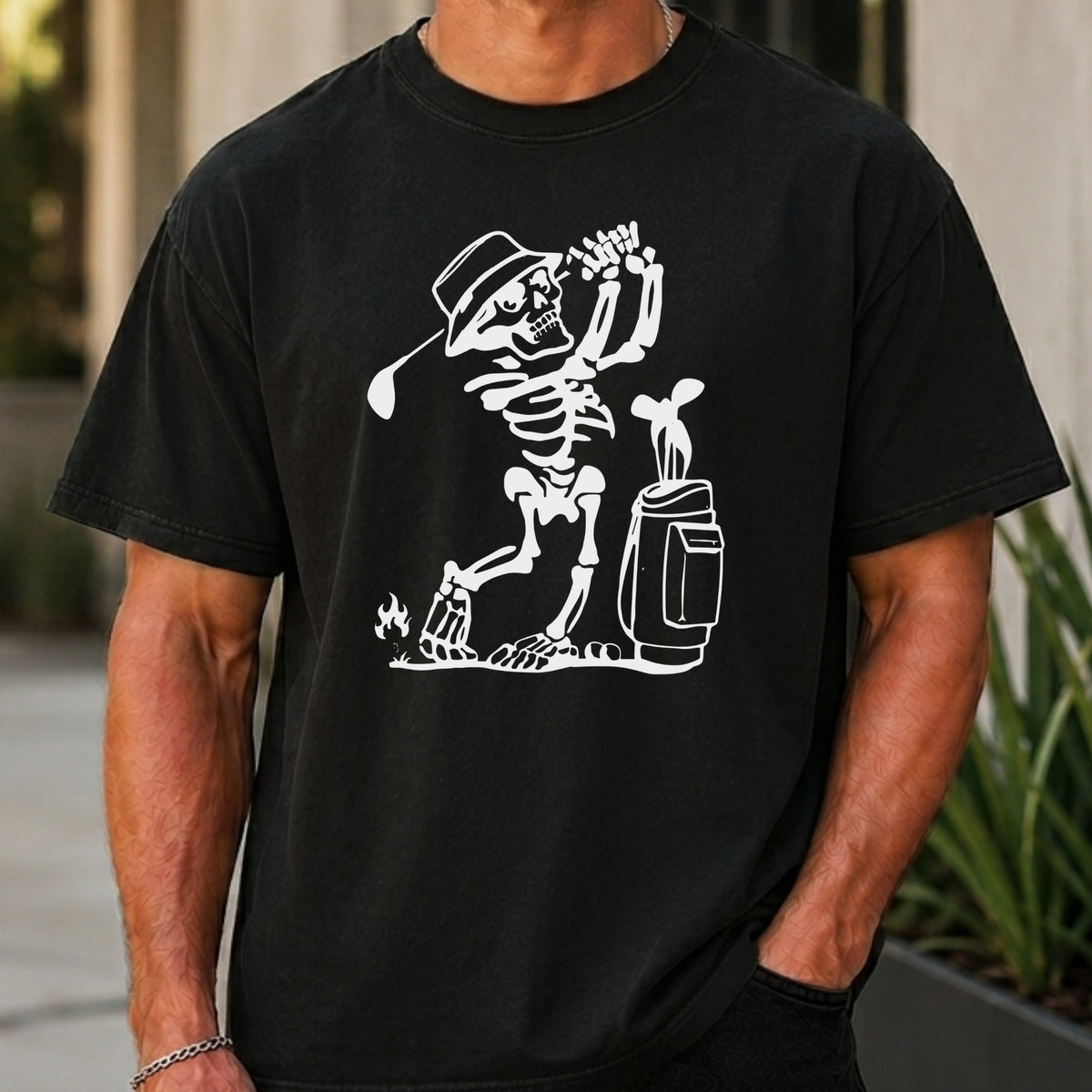 Skeleton Golfing! Premium Tee worn, Black