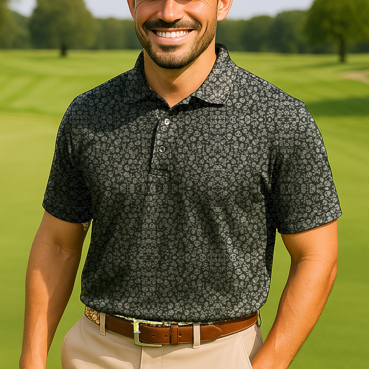 Skull Pile Performance Print Polo worn on the golf course