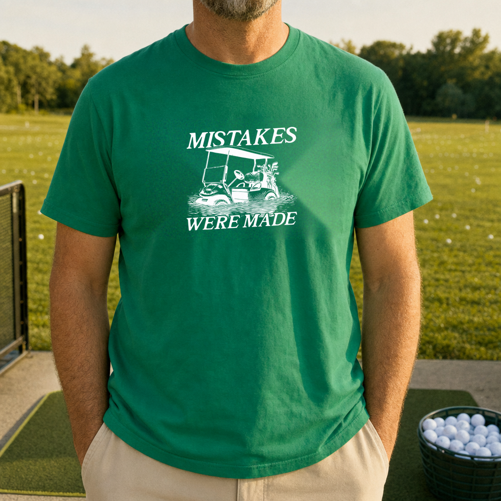 Mistakes Were Made Tee worn on the golf course, Irish Green