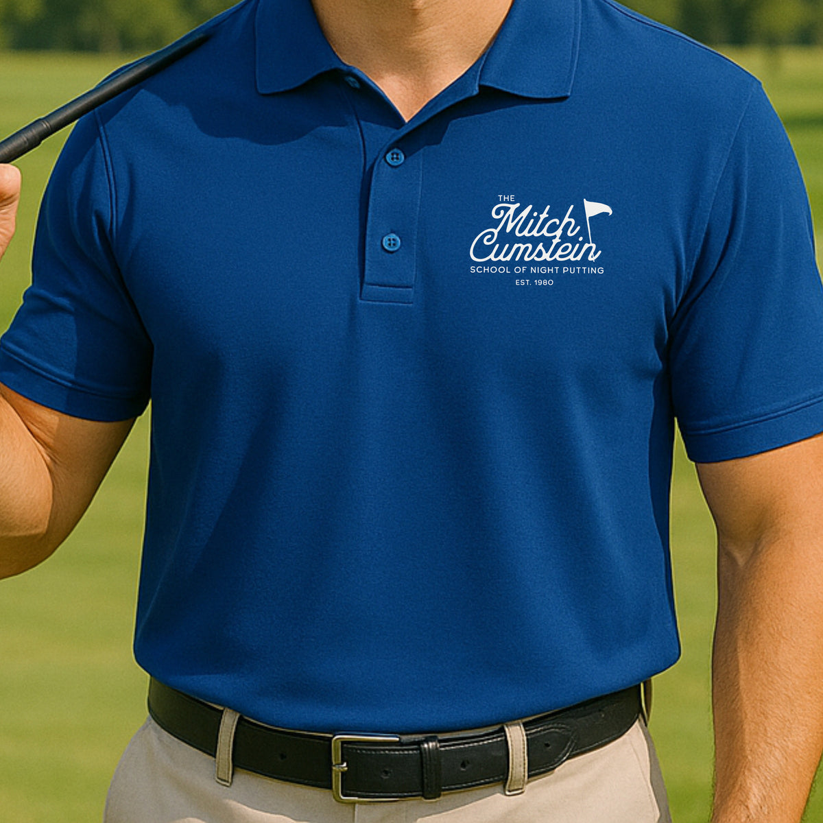 Mitch Cumstein School Of Night Putting Performance Polo worn on the golf course, Royal