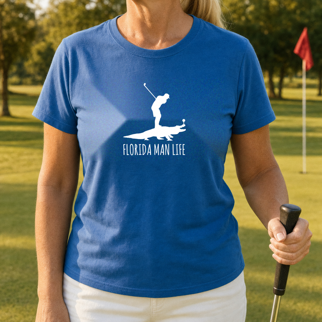 Florida Man Life Tee worn on the golf course, Royal