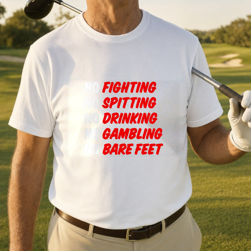 Caddyshack Rules Tee worn on the golf course, White