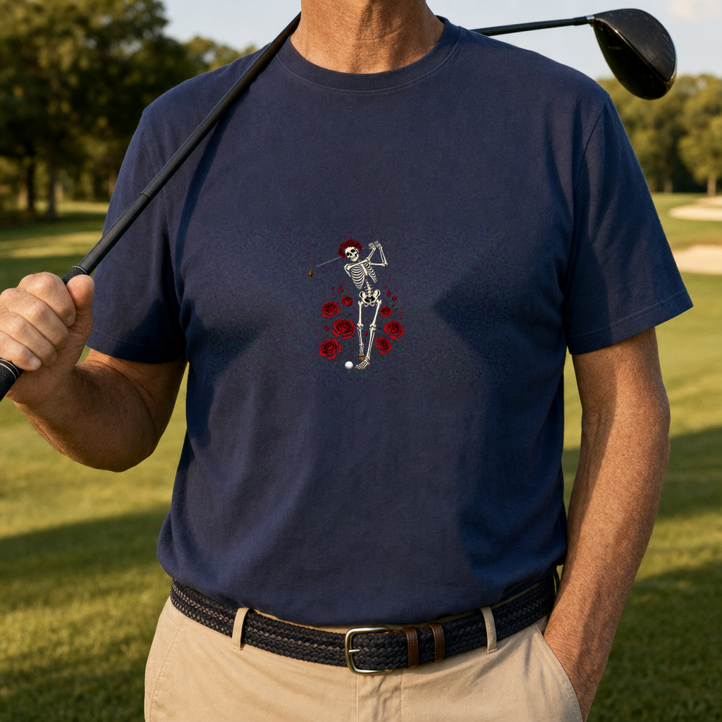 Roses And Bogeys Tee worn on the golf course, Navy