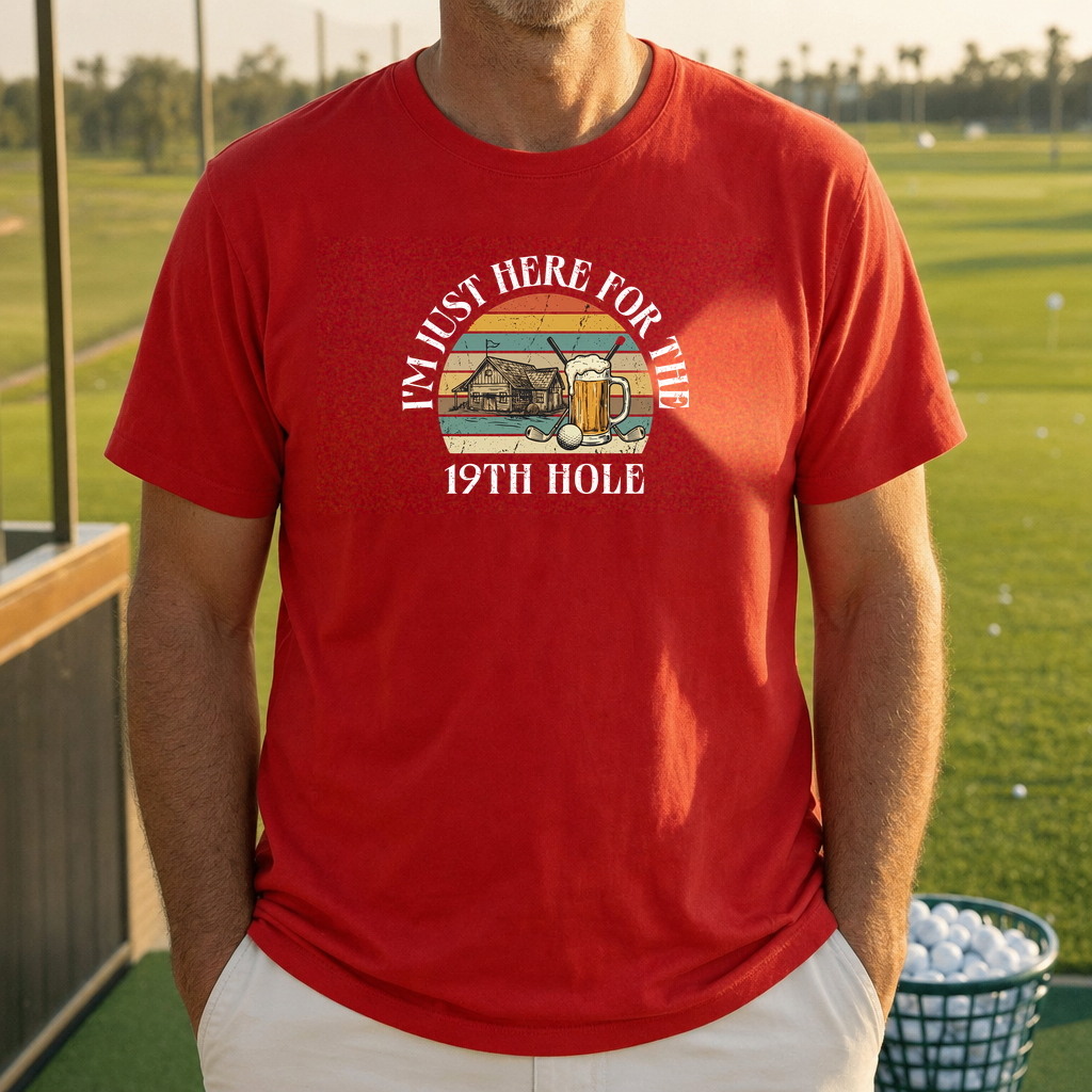 Here For The 19th Hole Tee worn on the golf course, Red