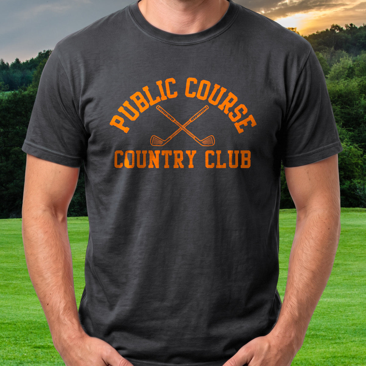 Public Course Country Club Premium Tee worn on the golf course, Black