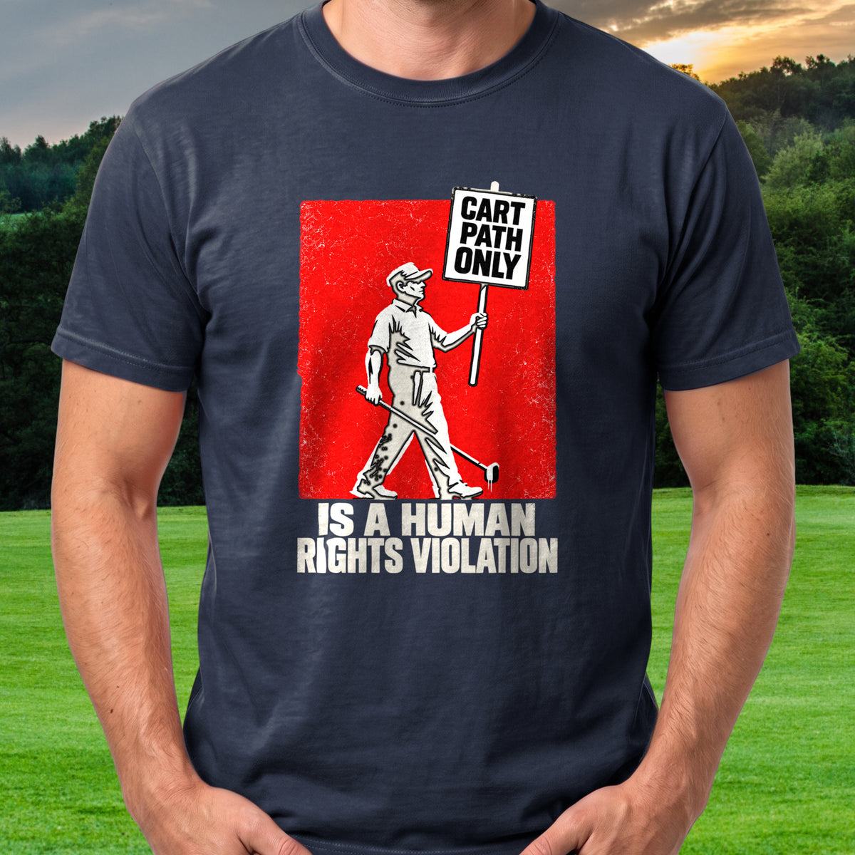 Human Rights Violation Poster Tee worn on the golf course, Navy