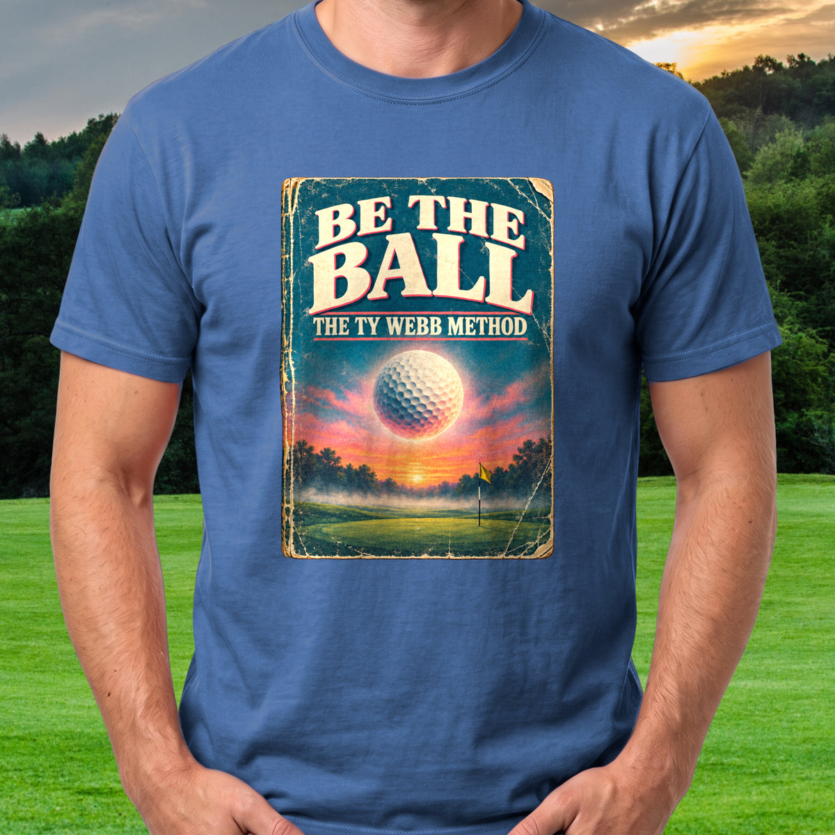 Be The Ball Paperback Tee worn on the golf course, Royal