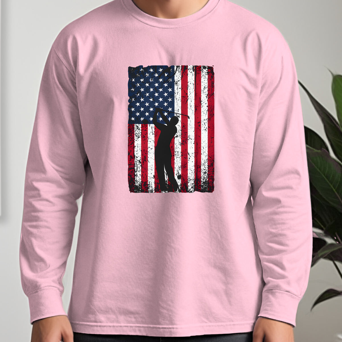 Flag Swing Long Sleeve Tee worn, Light Pink