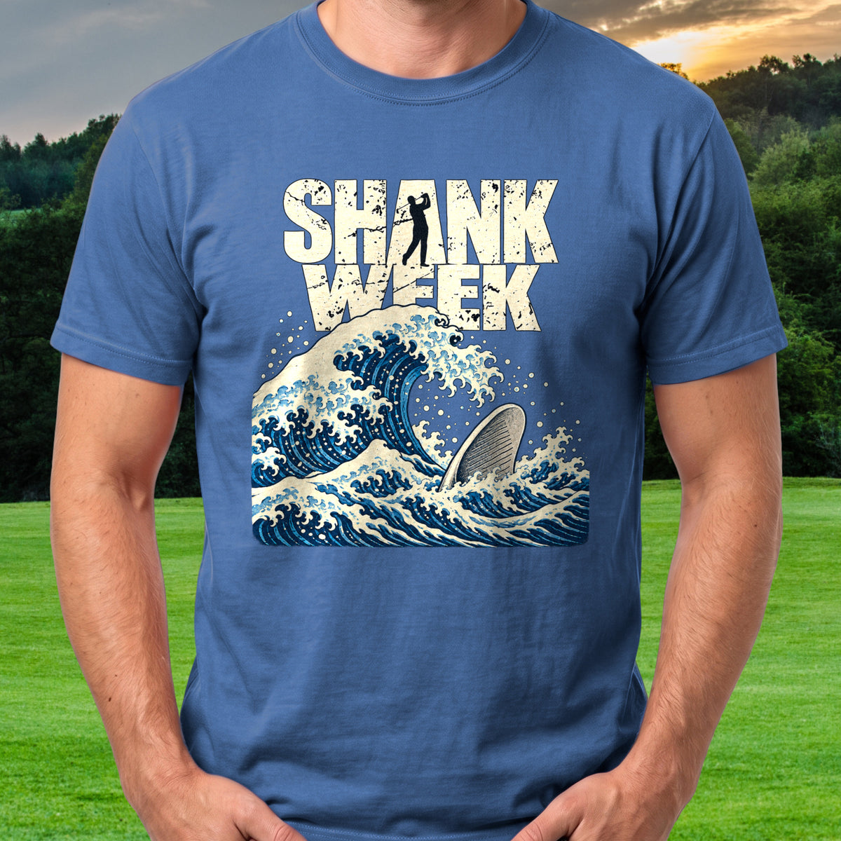 Shank Week Great Wave Tee worn on the golf course, Royal