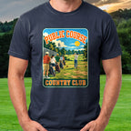 Public Course Country Club Travel Poster Tee worn on the golf course, Navy