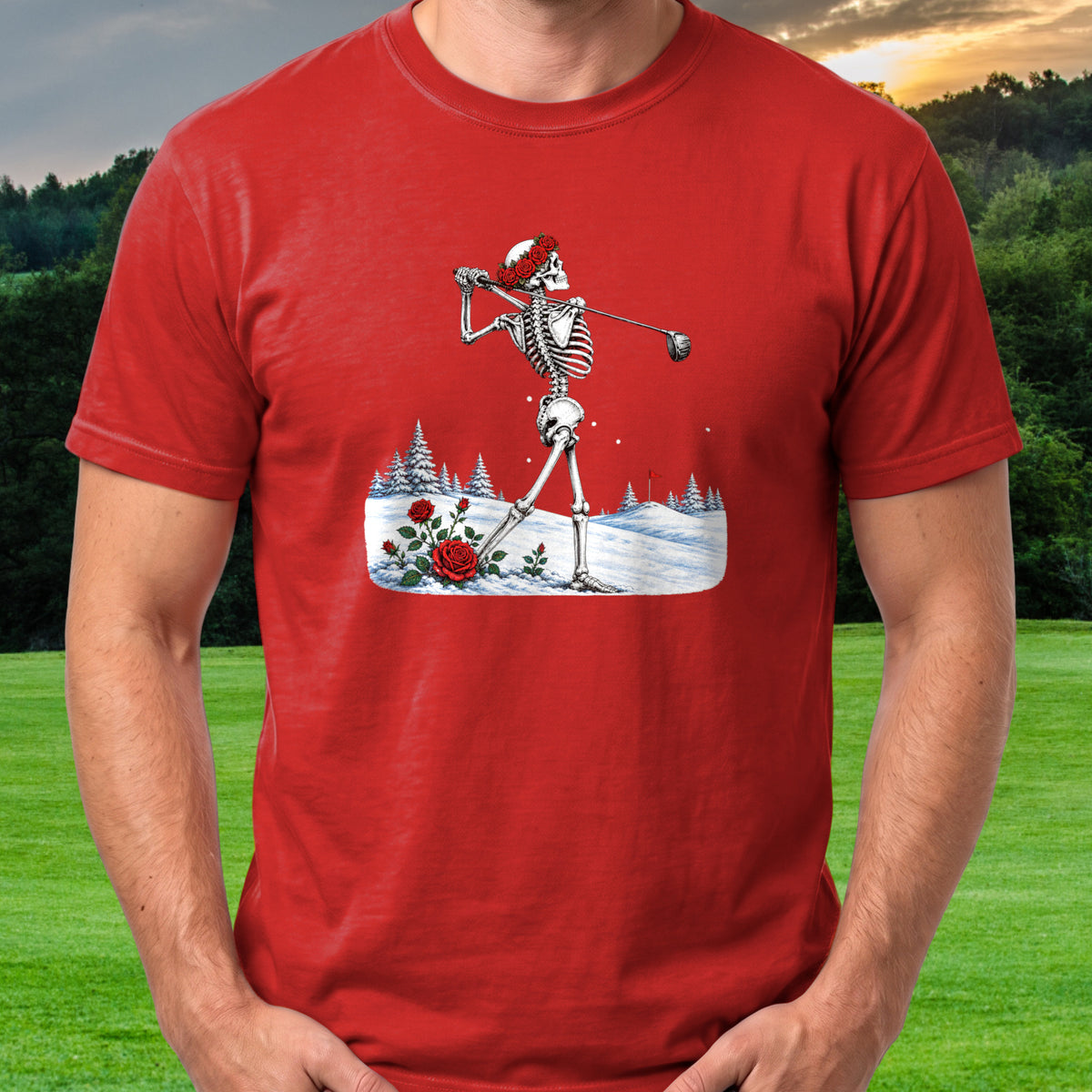 Snow Round Tee worn on the golf course, Red