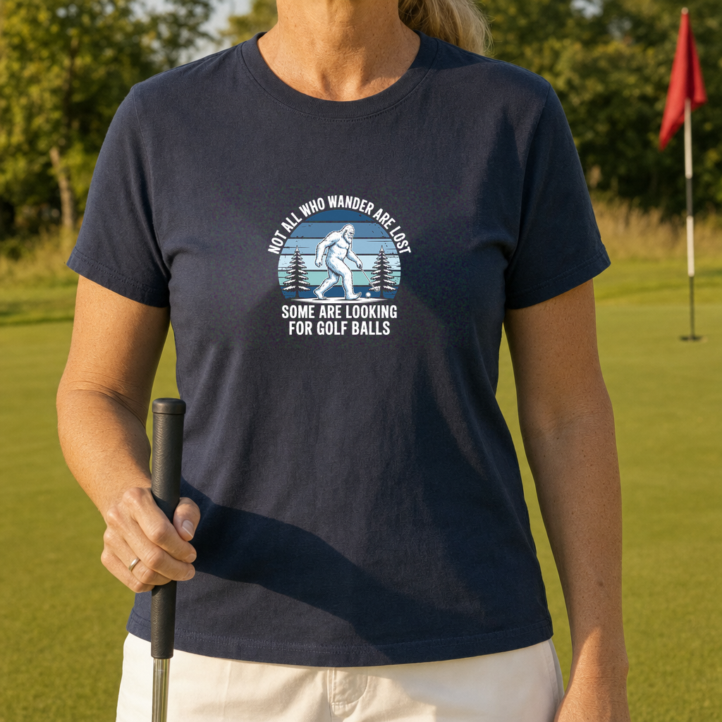 Not All Who Wandrer Yeti Tee worn on the golf course, Navy
