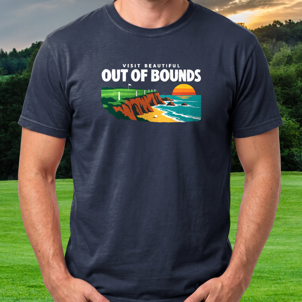 Visit Beautiful Out Of Bounds Tee worn on the golf course, Navy