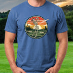 Rose Skeleton Sunset Badge Tee worn on the golf course, Royal