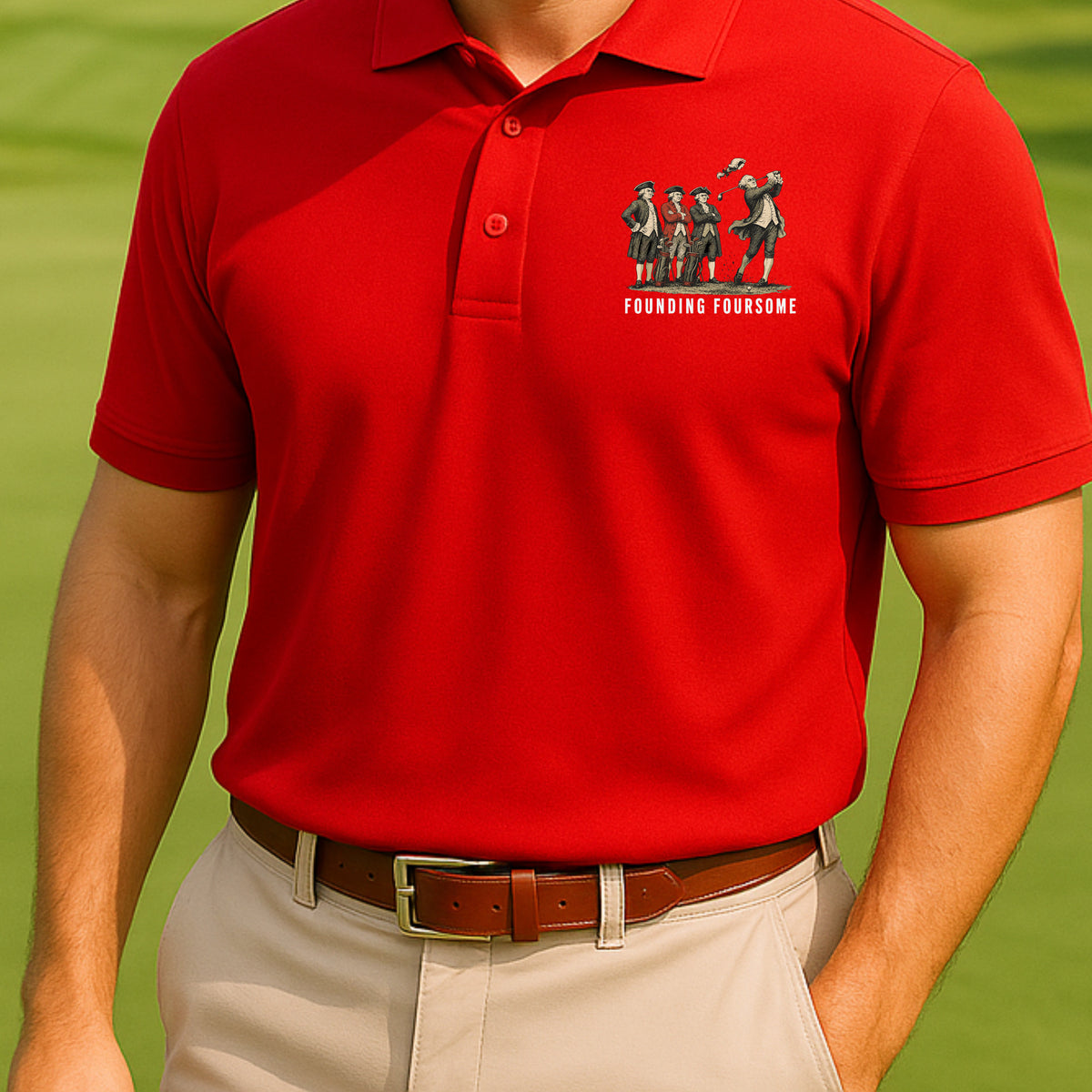 Founding Foursome Performance Polo worn on the golf course, Red
