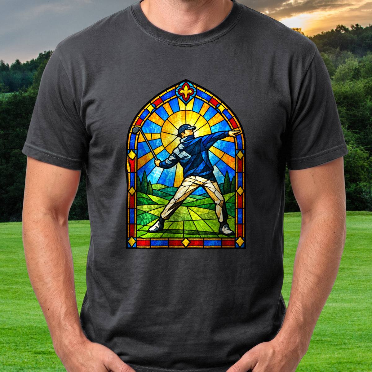 Club Thrower Stained Glass Tee worn on the golf course, Black