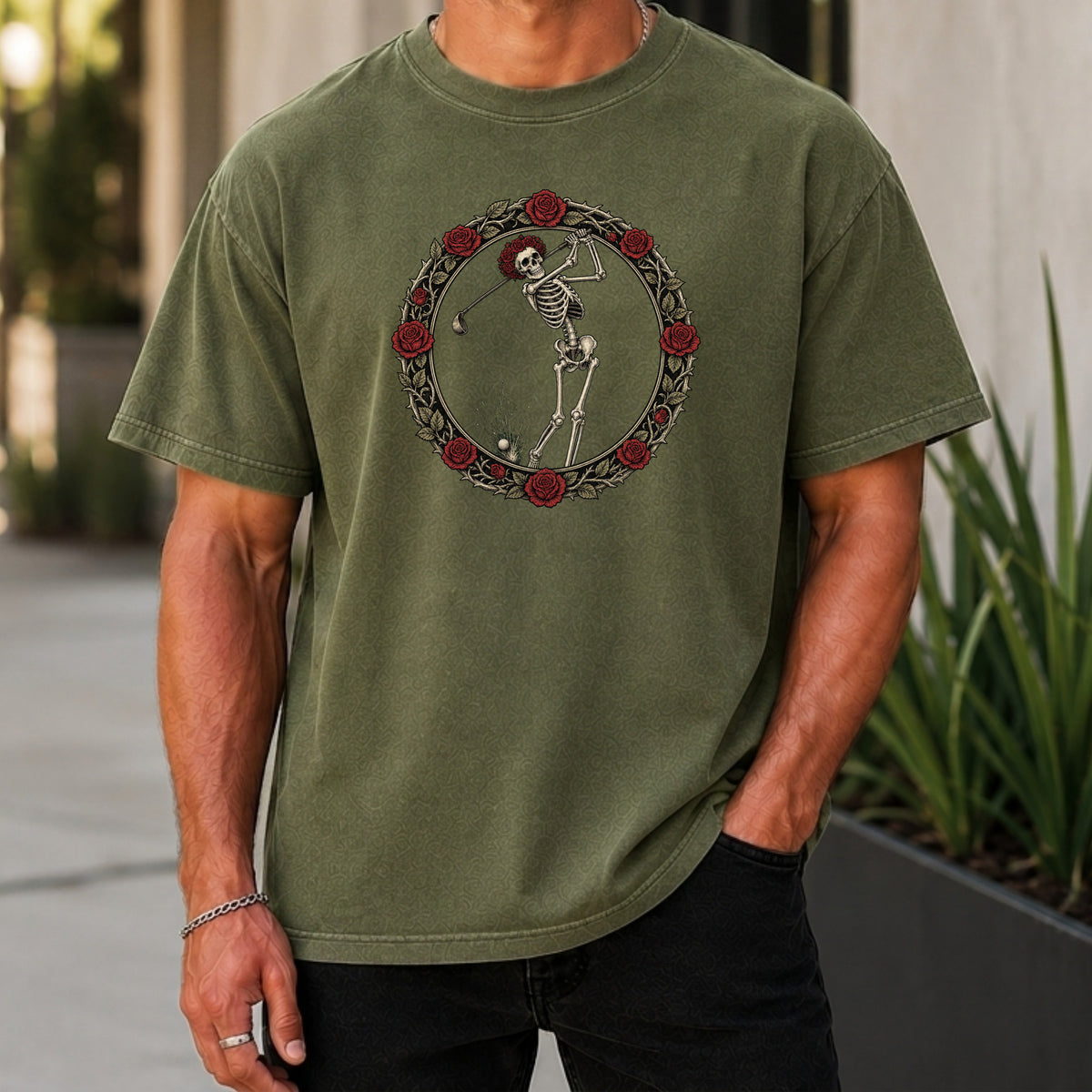 Rose Skeleton Crest Premium Tee worn, Moss