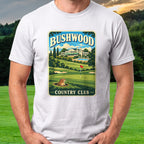 Bushwood Country Club Travel Poster Tee worn on the golf course, White