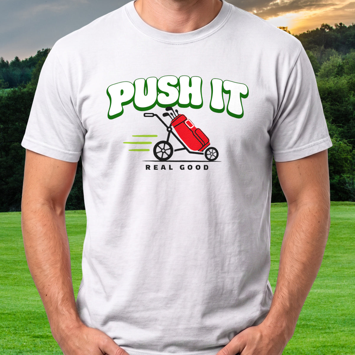 Push It Tee worn on the golf course, White