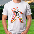 Angry Golfer Flames Tee worn on the golf course, White