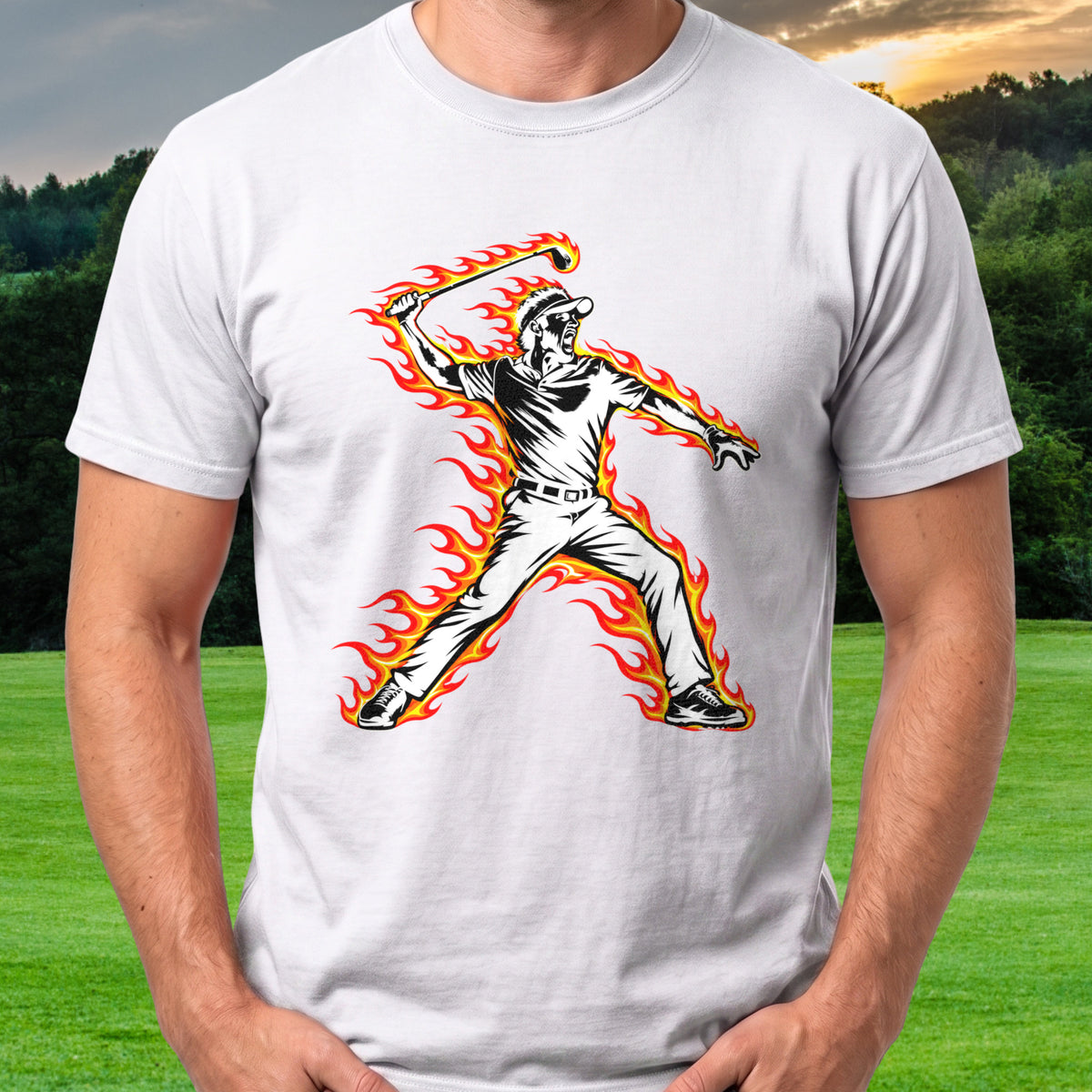 Angry Golfer Flames Tee worn on the golf course, White