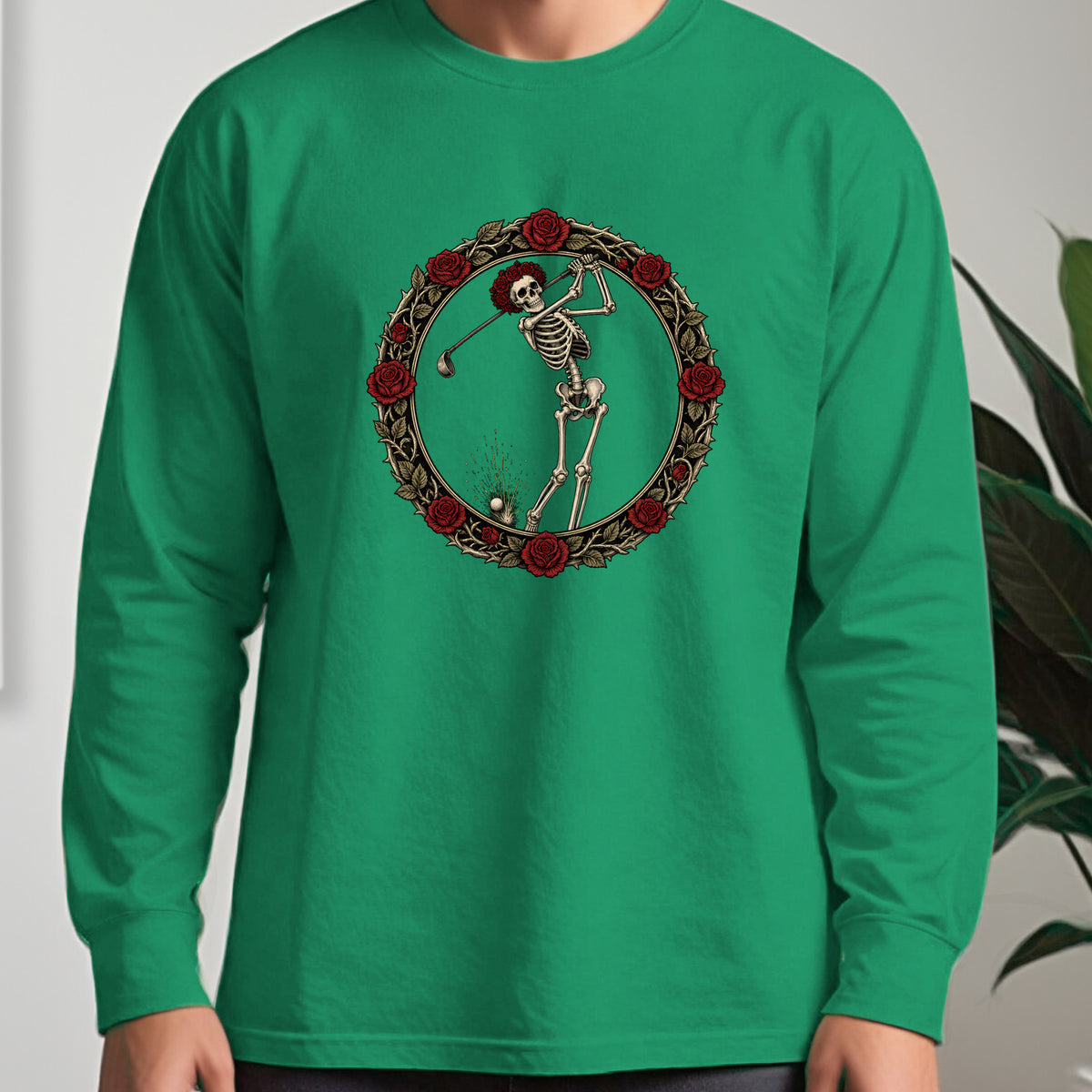 Rose Skeleton Crest Long Sleeve Tee worn, Irish Green