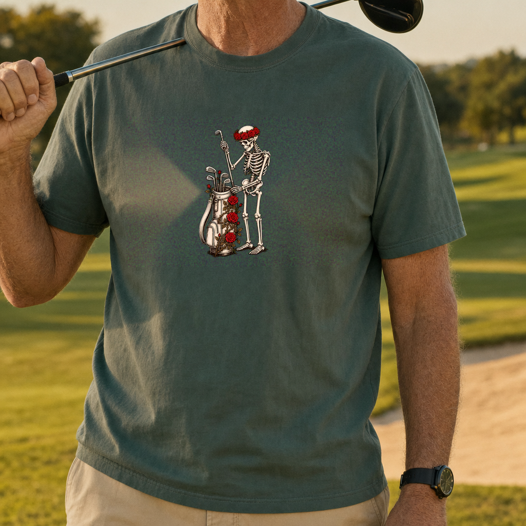 Rose Skeleton Pulls A Club Tee worn on the golf course, Military Green