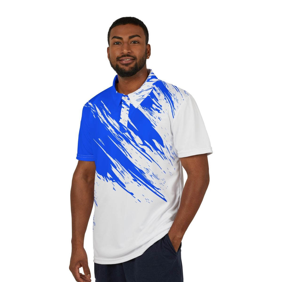 Blue Flash Performance Print Polo worn on the golf course