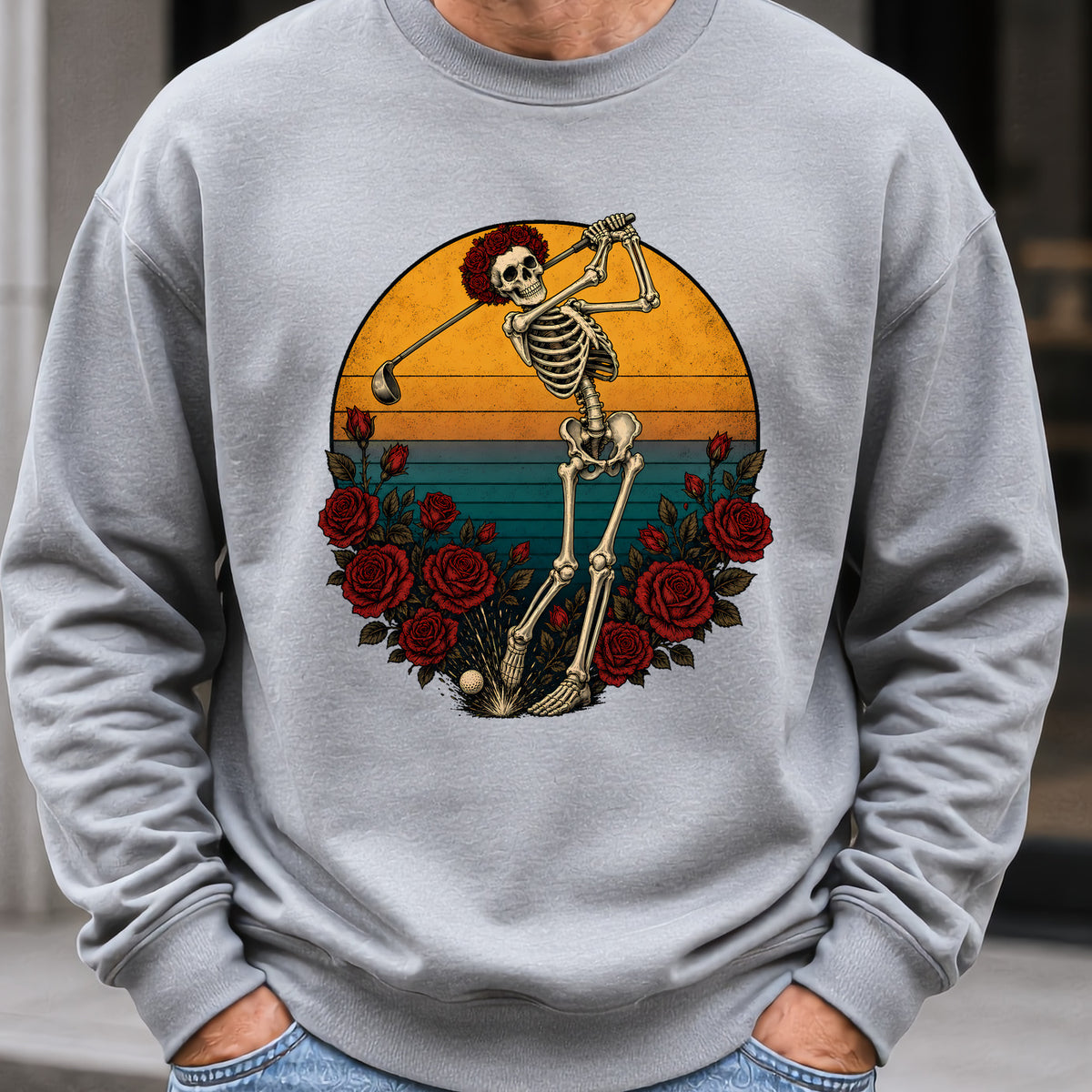 Skeleton Swing Sunset Sweatshirt worn, Sport Grey