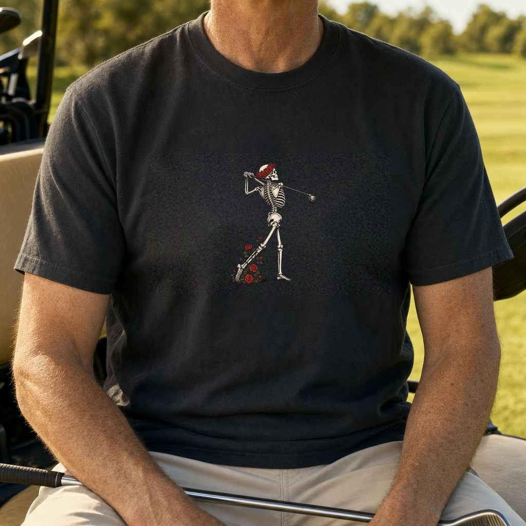 Rose Skeleton Follow Through Heavyweight Tee worn on the golf course, Black
