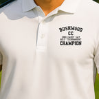 Bushwood Caddy Day Champion Performance Polo worn on the golf course, White