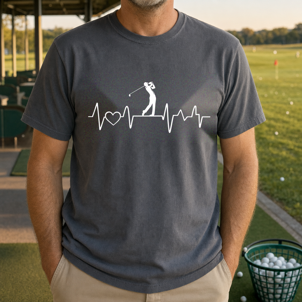 Golf Heartbeat Line Tee worn on the golf course, Dark Heather
