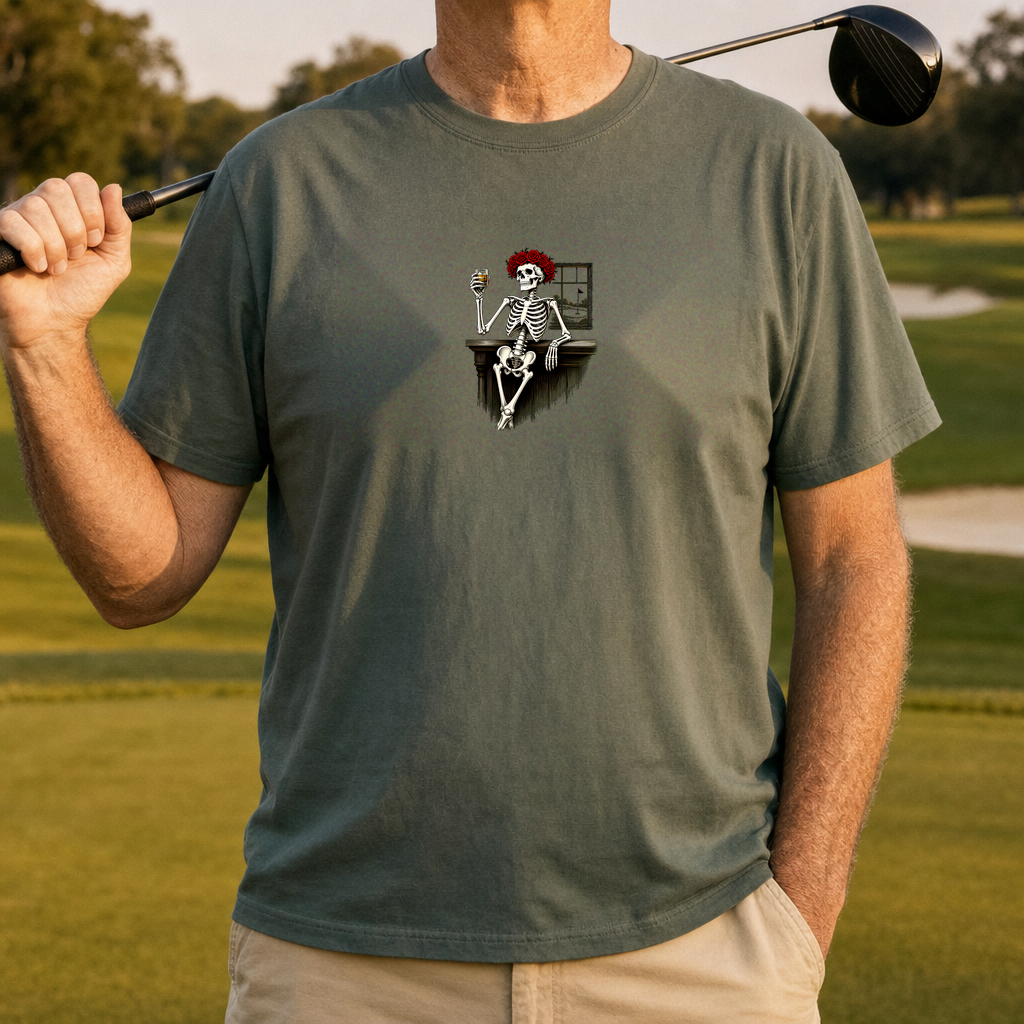 Rose Skeleton Nineteenth Hole Toast Tee worn on the golf course, Military Green