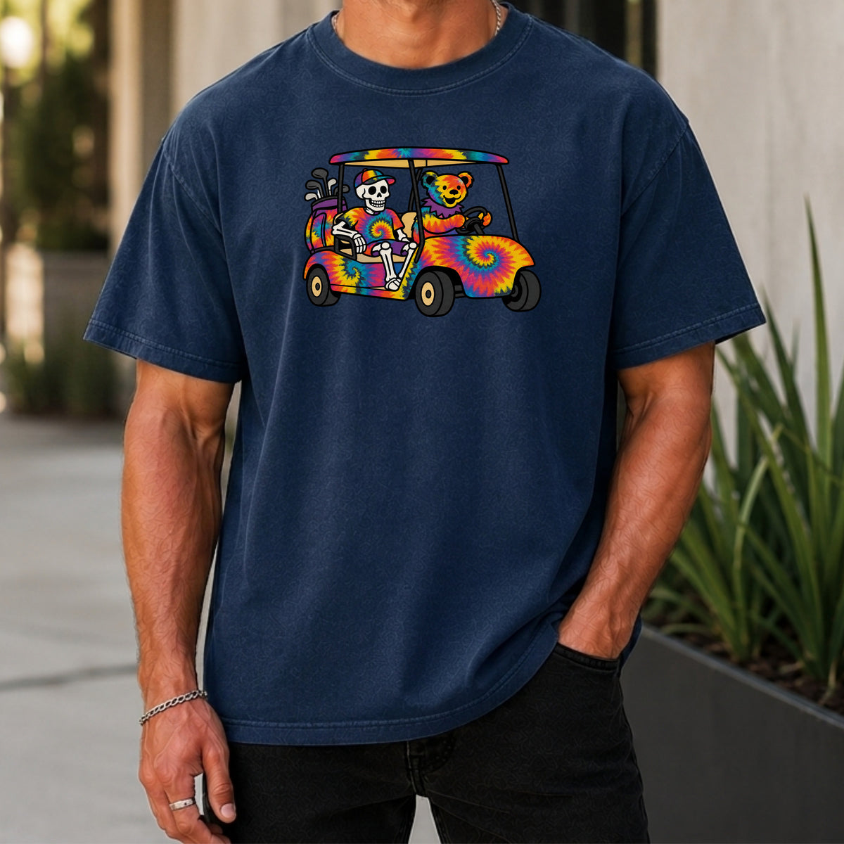 Tie Dye Golf Cart Premium Tee worn, True Navy