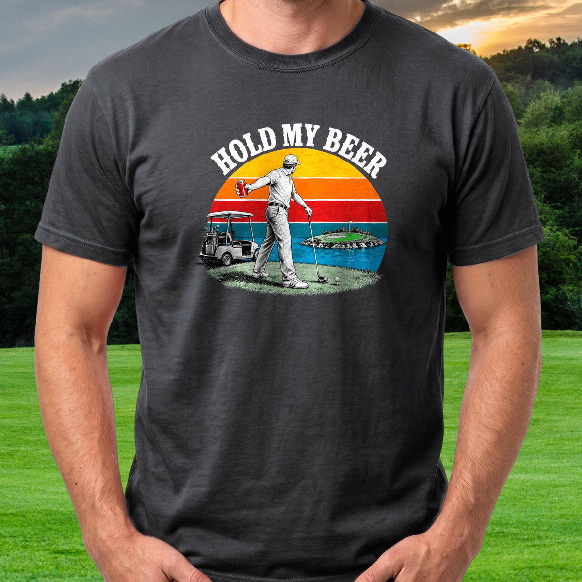 Hold My Beer Tee worn on the golf course, Black