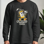Swing Oil Beer Can Long Sleeve Tee worn, Black