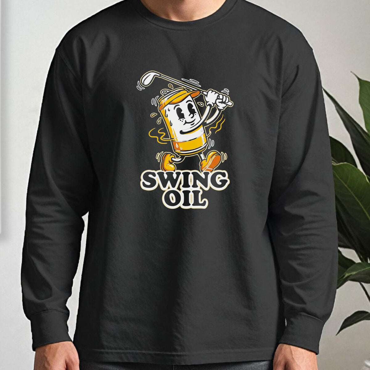 Swing Oil Beer Can Long Sleeve Tee worn, Black