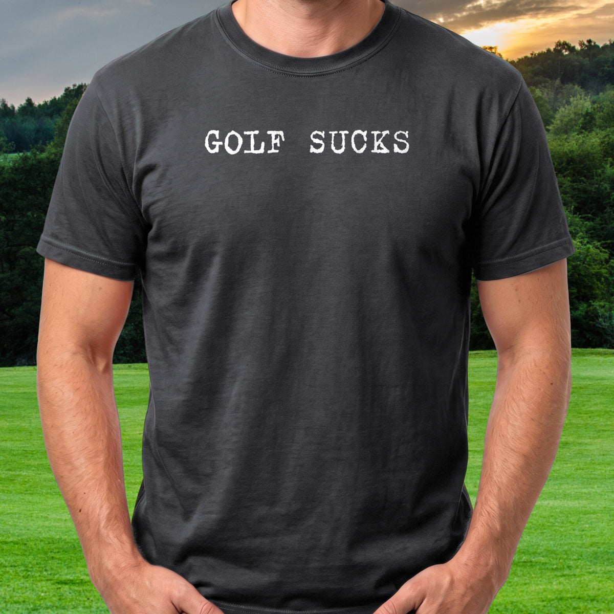 Golf Sucks Tee worn on the golf course, Black