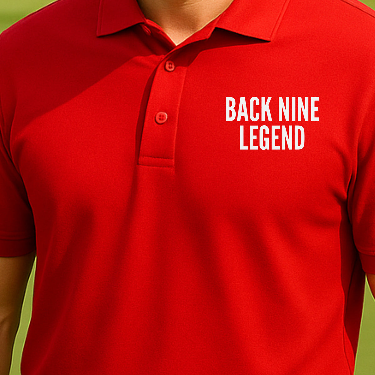 Back Nine Legend Performance Polo worn on the golf course, Red