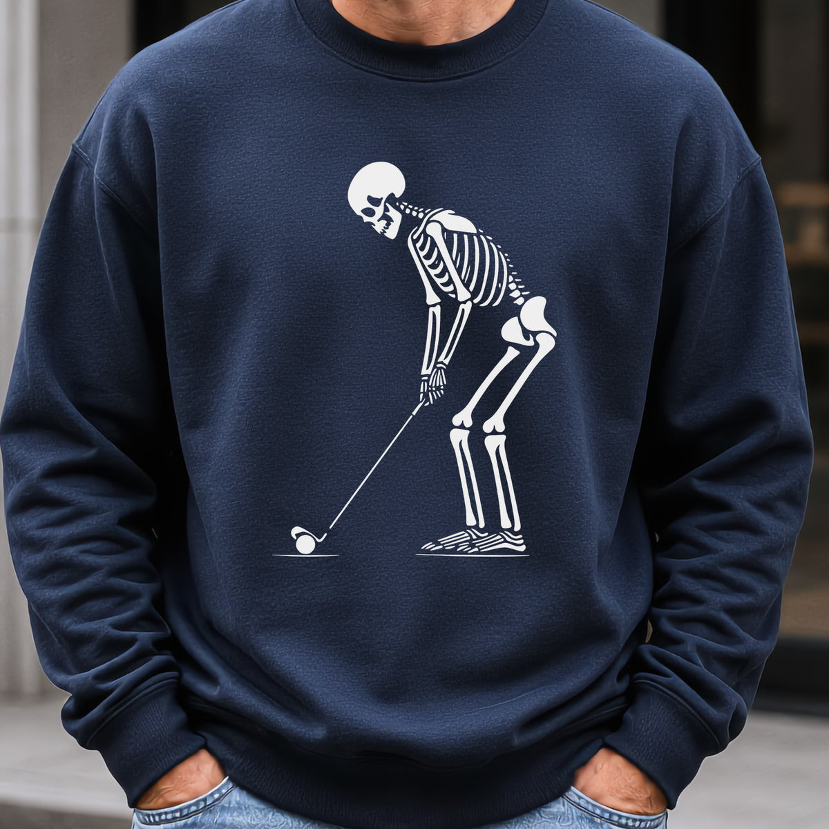 Skeleton Golfer Sweatshirt worn, Navy
