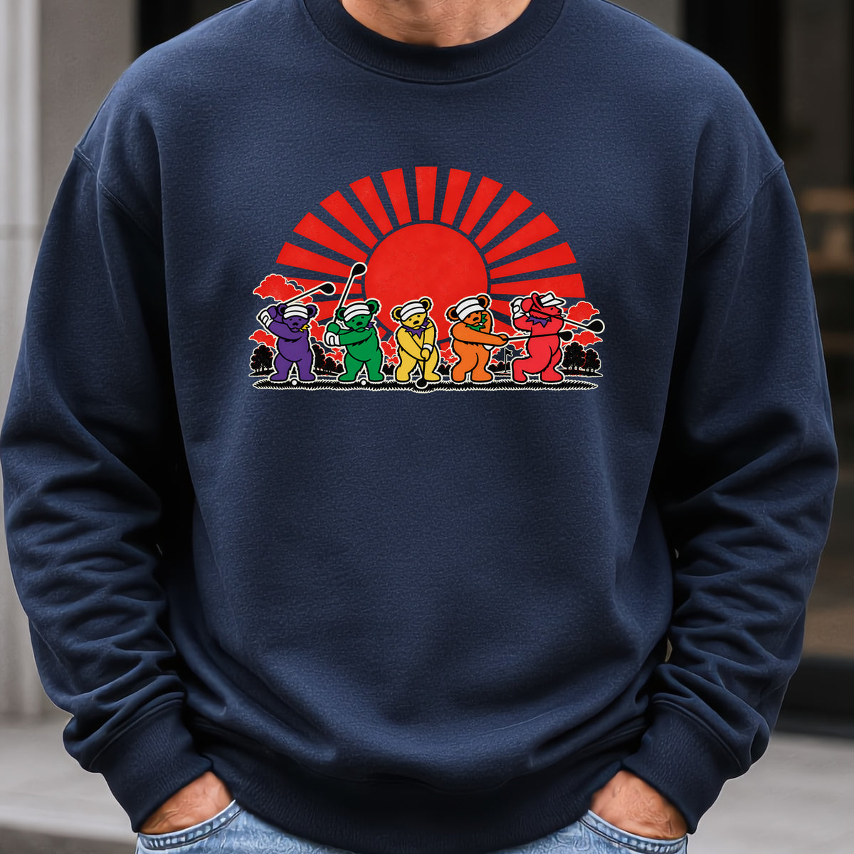 Golf Swing Bears Red Sun Sweatshirt worn, Navy