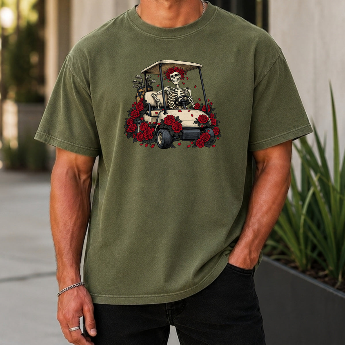 Cart Of The Departed Premium Tee worn, Moss