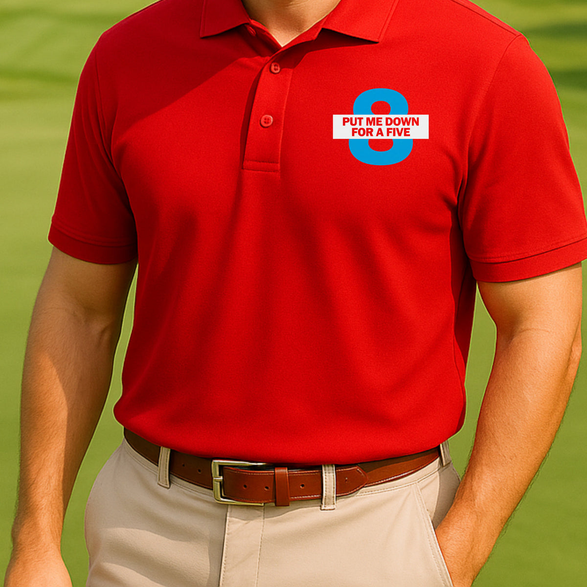 Put Me Down For a Five Performance Polo worn on the golf course, Red