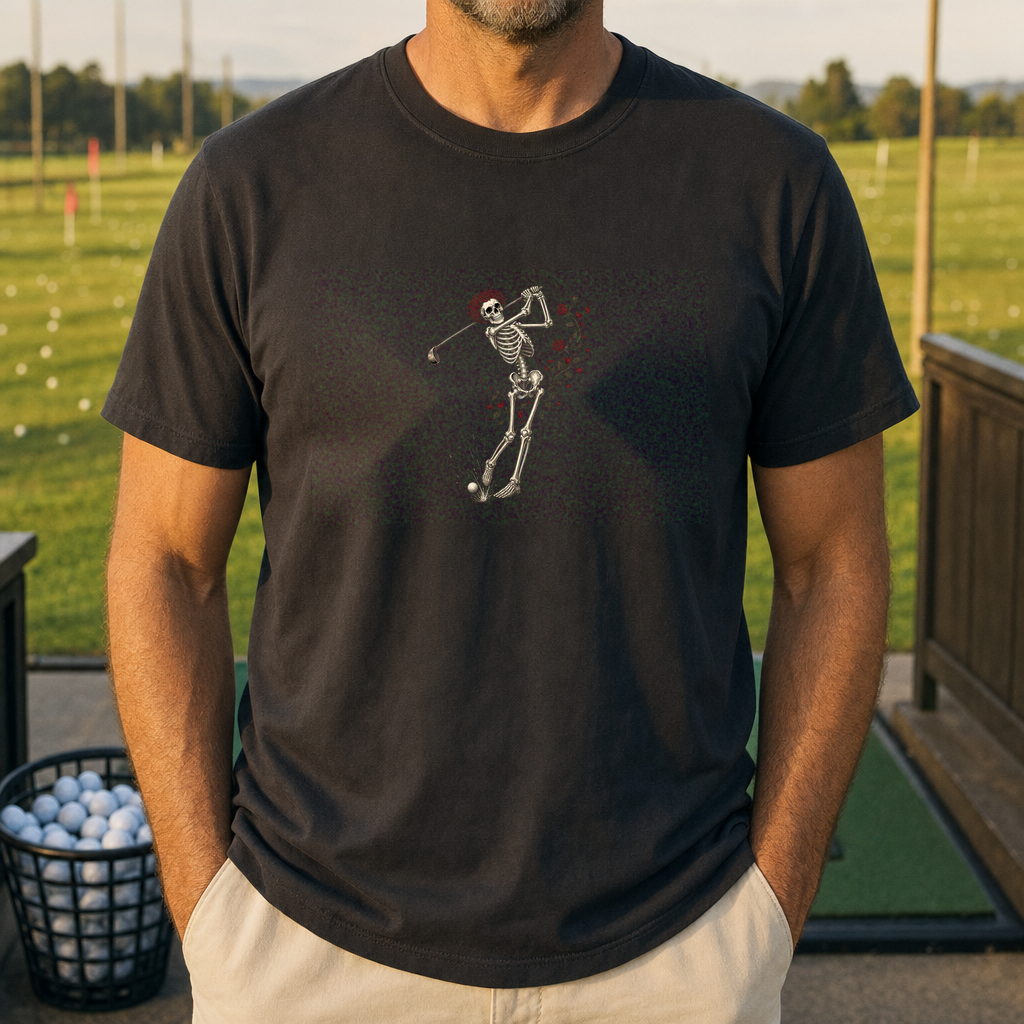 Rose Skeleton Swing Heavyweight Tee worn on the golf course, Moss