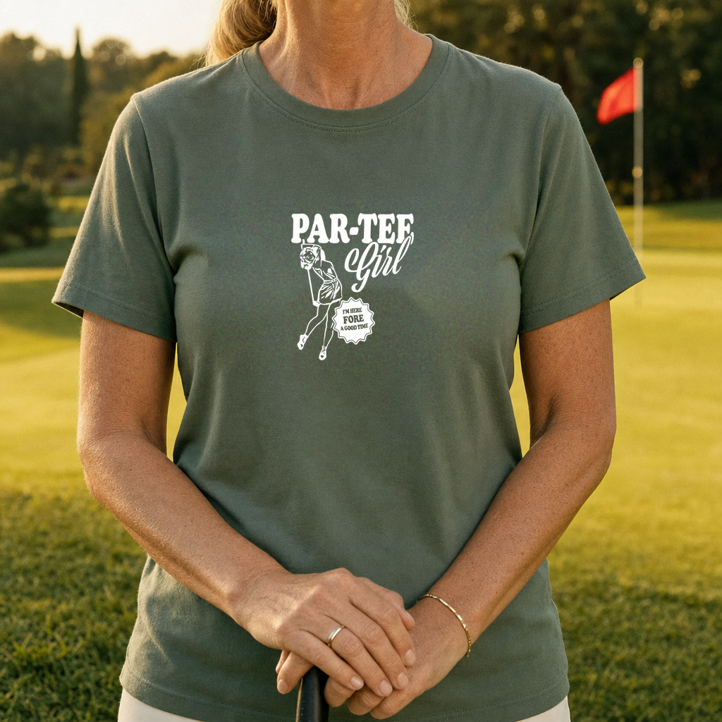 Par-Tee Girl Tee worn on the golf course, Military Green