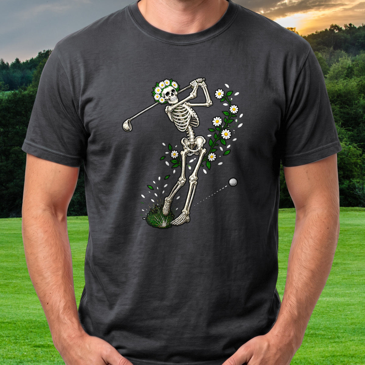 Daisy Skeleton Swing Tee worn on the golf course, Black