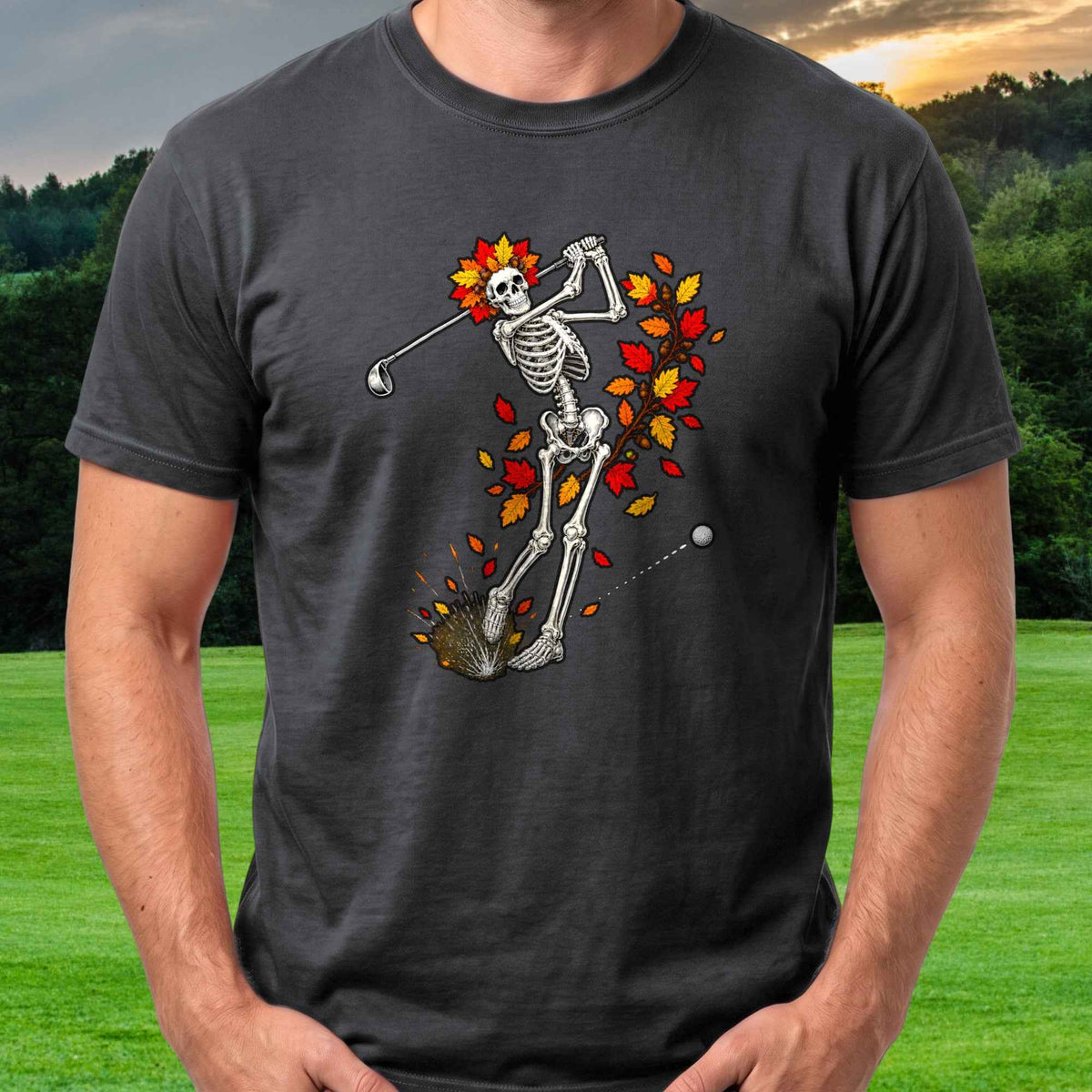 Autumn Skeleton Swing Tee worn on the golf course, Black