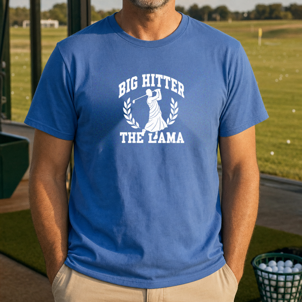 Big Hitter Robes Tee worn on the golf course, Royal