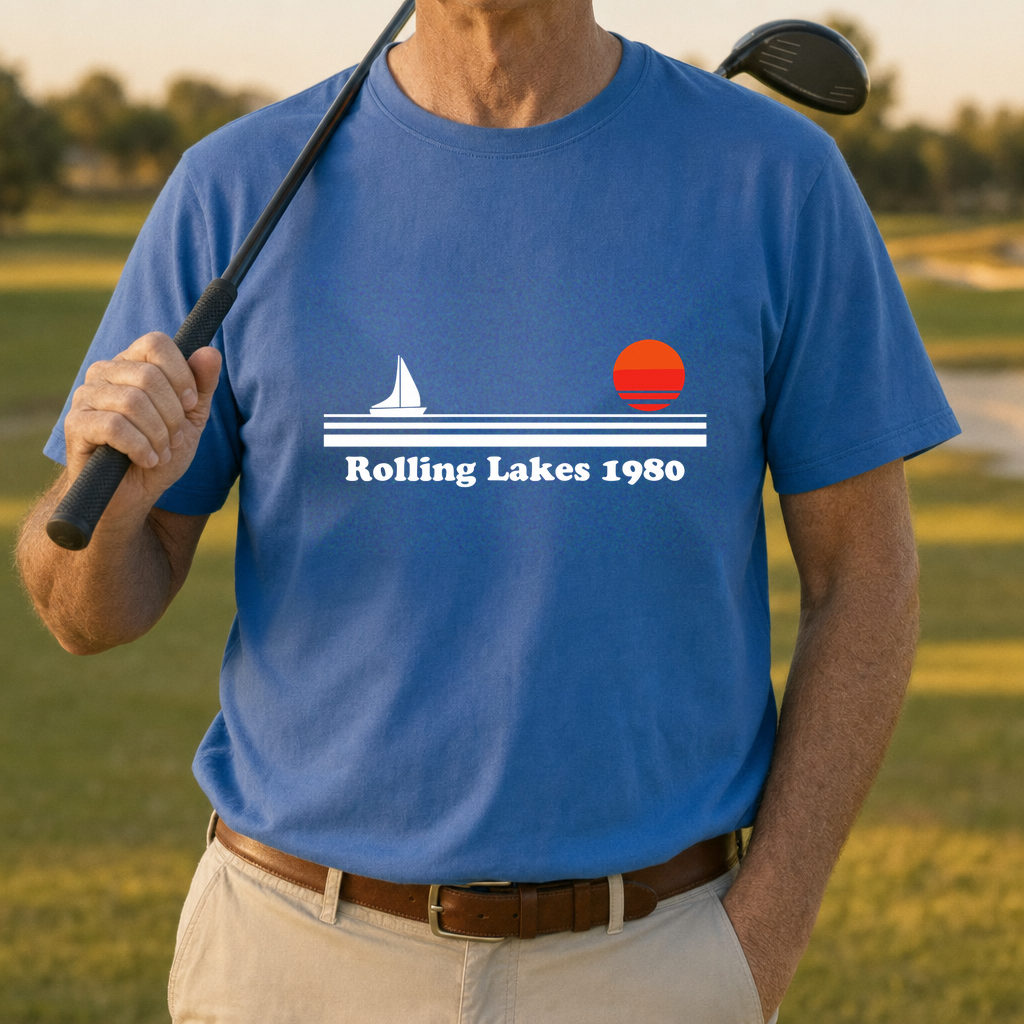 Rolling Lakes Yacht Club 1980 Tee worn on the golf course, Royal