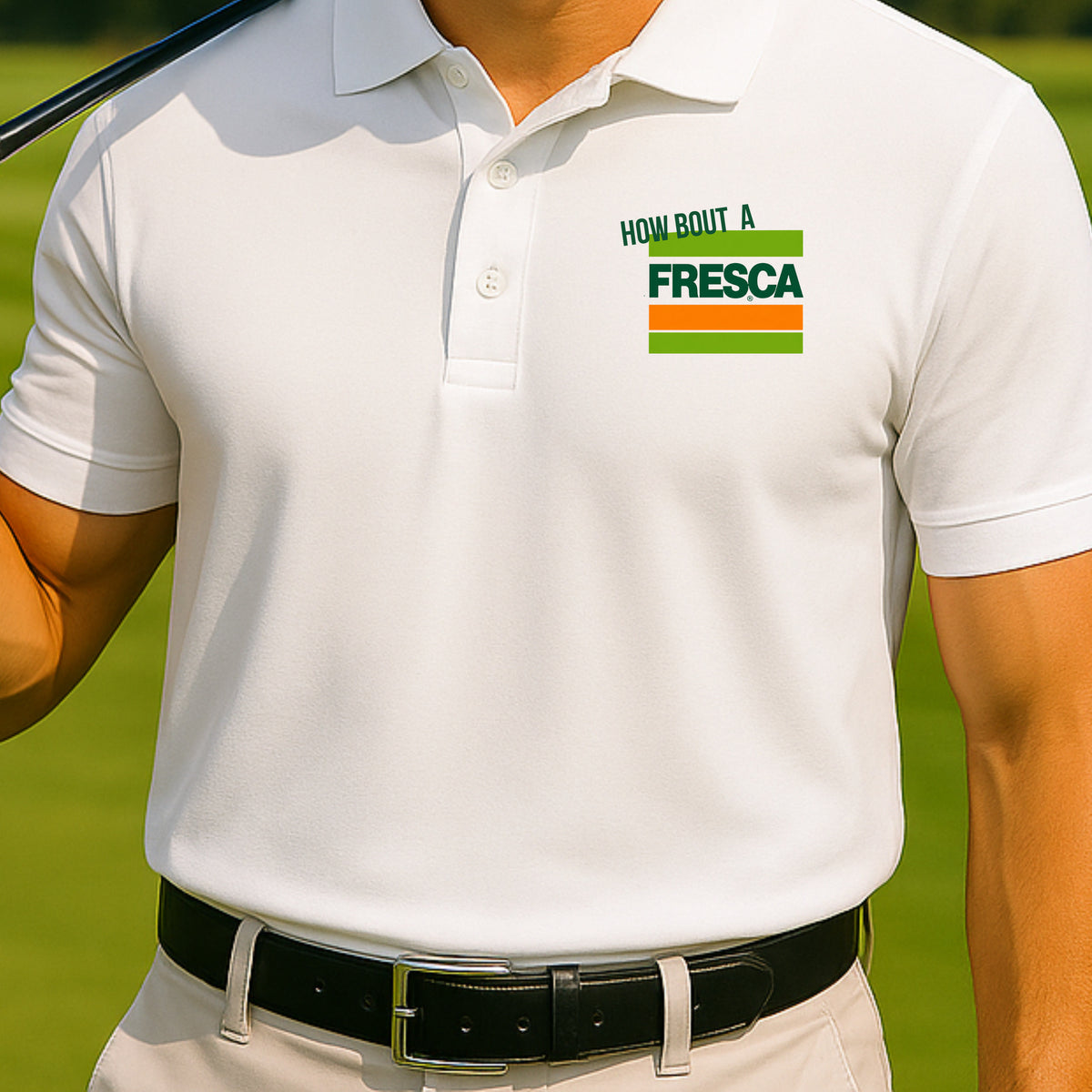 How About A Fresca Polo worn on the golf course, White